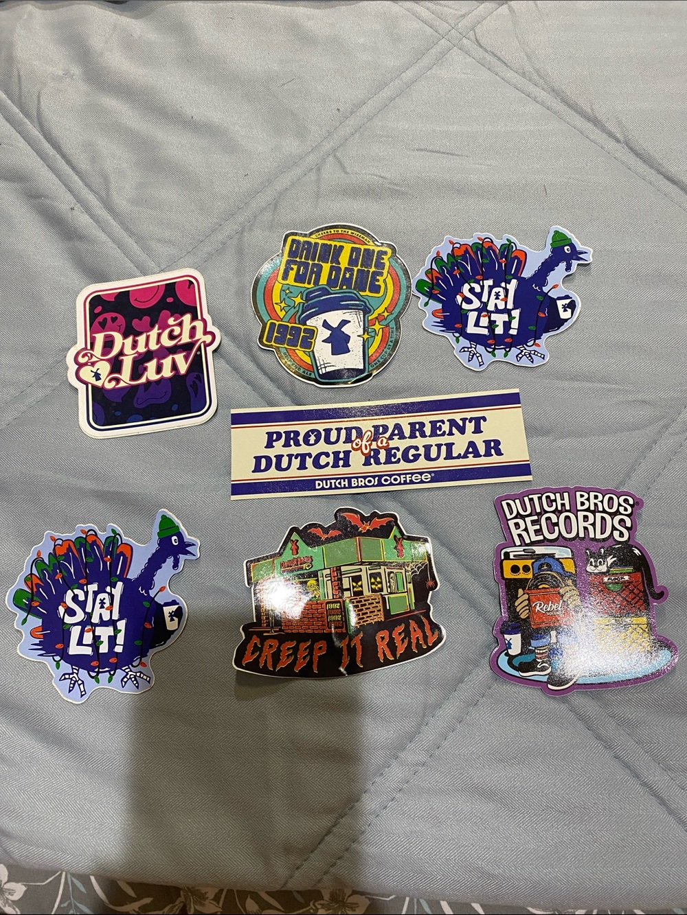 Dutch Bros colorful sticker set - purple, blue, green, yellow, pink